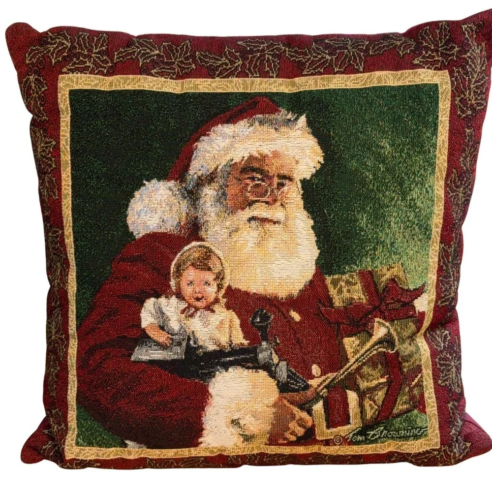 Vintage Tom Browning 90s Santa Claus Woven Tapestry Christmas Pillow 16x16